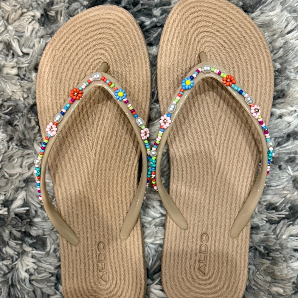 Aldo Tan Sandals With Floral Beads